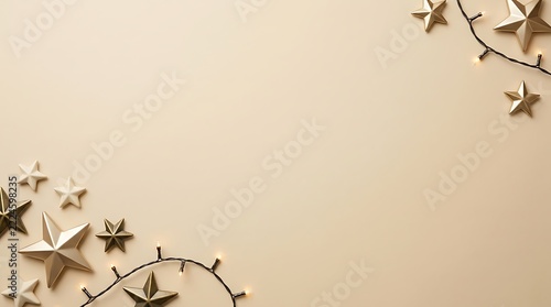 Festive holiday stars and fairy lights on beige background with christmas ornament decoration celebration december tradition greeting backdrop composition