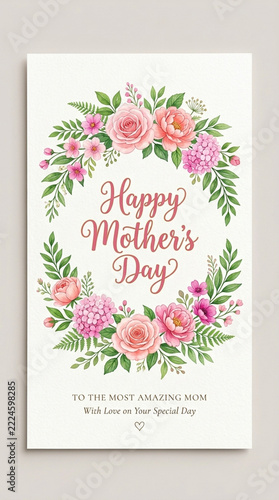 Beautiful Watercolor Floral Wreath Happy Mothers Day Card with Elegant Script and Sentimental Message