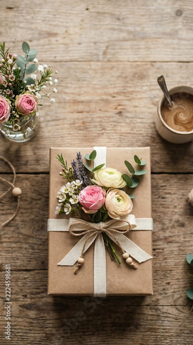 Beautifully Wrapped Gift Box with Flowers and Ribbon Overhead View with Coffee Cup and Flowers on Wooden Table