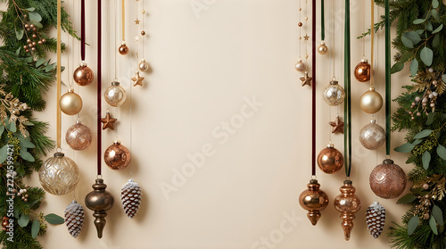 Elegant christmas decorations with hanging ornaments and evergreen branches