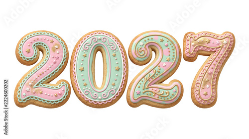 Frosted Gingerbread Cookie 2027 Numbers with Pastel Icing Decoration