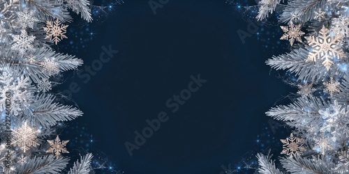 Symmetrical Winter Frame with Silver Snowflakes and Frozen Pine Branches on Dark Blue Background Banner Concept