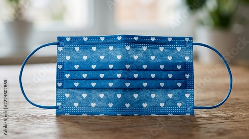 Blue Protective Face Mask with White Hearts Pattern Disposable Medical Mask on Wooden Table Healthcare and Safety Concept
