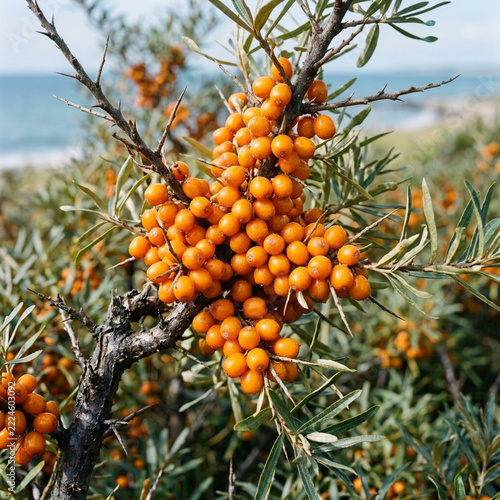 Bright Orange Sea Buckthorn Berries Growing on Thorny Bush near the Ocean Coast