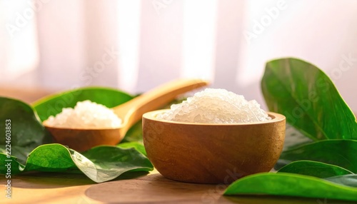 Wooden Bowls of Salt Surrounded by Green Leaves on Table.