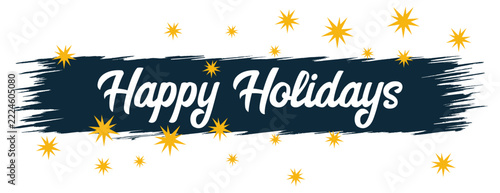 Happy Holidays calligraphy text layout on dark brush stroke banner with festive yellow spark stars