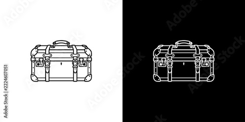 Retro Travel Trunk Line Art Icon on Black and White Backgrounds