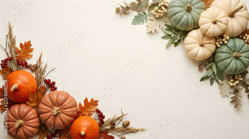 Autumn pumpkins and flowers with greenery arrangement
