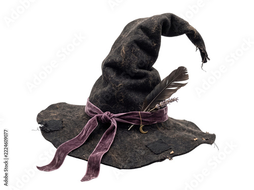 Witch Hat PNG Transparent Background, Aged Felt Halloween Costume Hat with Plum Velvet Ribbon and Feather Isolated Cutout for Spooky Design