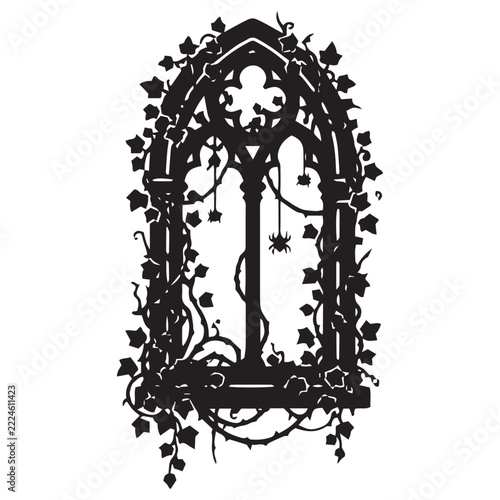 ruined Halloween crypt window heavily overgrown with creeping ivy