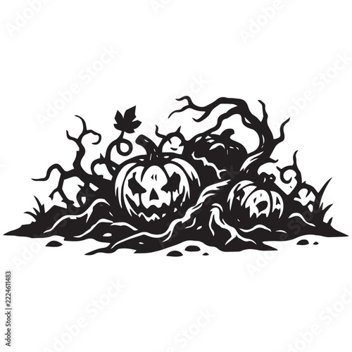 overgrown, rotting Halloween pumpkins tangled in heavy.