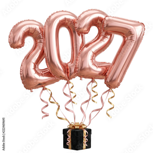 Rose Gold 2027 Foil Balloons Floating with Gift Box for New Year