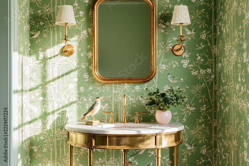 Green powder room with chinoiserie wallpaper, framed mirror, brass console sink, twin wall lamps, bird figurine, and floral arrangement in elegant interior