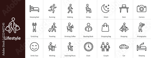 lifestyle and daily routine minimalist outline vector icon set illustrating human activities, hobbies, working, travel, and shopping for digital app interface