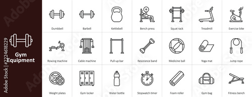 gym equipment minimalist outline vector icon set illustrating weightlifting gear, cardio machines, and fitness accessories for digital app interface