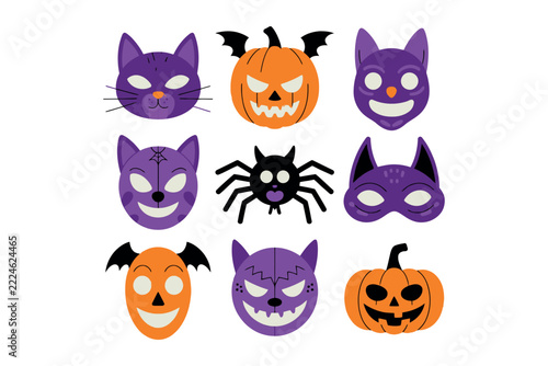 Cute Halloween spooky faces set of nine icons