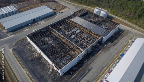 Aerial View of Severely Damaged Industrial Warehouse Building After Fire Destruction