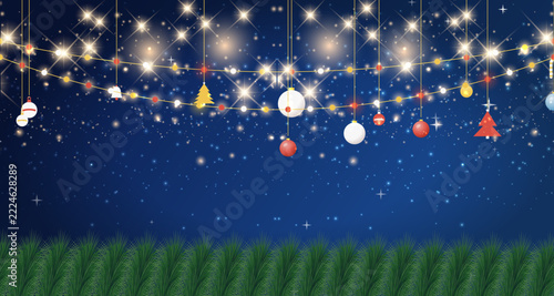 Christmas, night, lights, garland, vector, glowing holiday ornament background