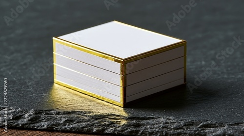 Stack of blank square white thick paper cards with luxury gold foil edges resting on a dark textured slate stone background mockup.