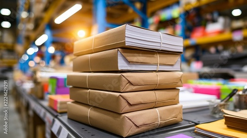Large stack of white A4 printer paper reams wrapped in brown kraft paper sitting on a shelf in a brightly lit office supply warehouse.