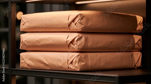 Stack of paper reams neatly wrapped in brown kraft packaging resting on a dark modern office shelf with warm lighting.
