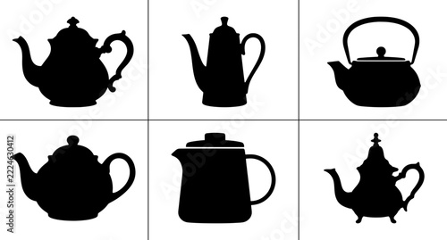 Teapot silhouettes set with classic and modern designs for beverage service, logo and signage