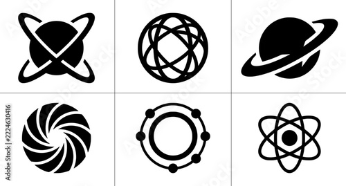 Science and astronomy icons set with atom, planet and globe symbols for technology and research