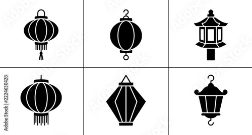 Asian lantern silhouettes set with traditional designs for decoration and signage