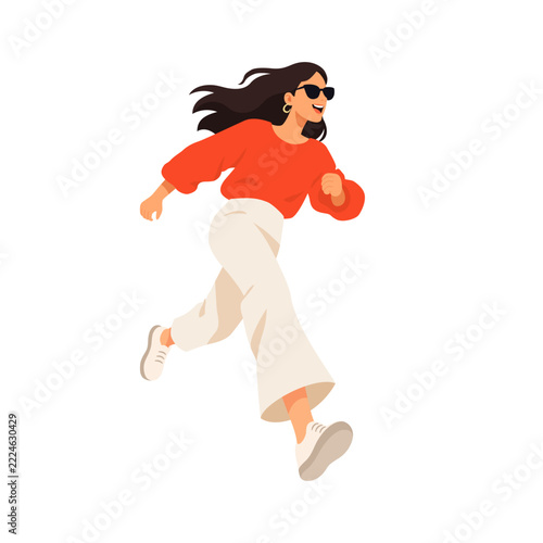 Happy young woman running or walking fast in casual clothes, isolated on white background