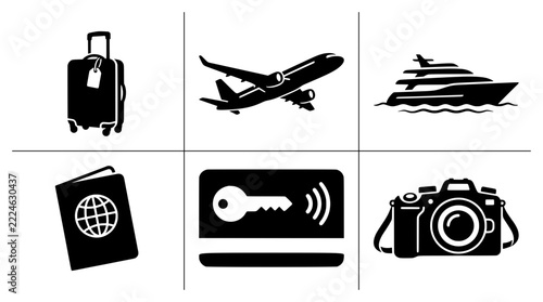 Travel icons set with suitcase, airplane, yacht, passport, key card and camera for tourism