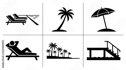Summer vacation icons set with beach chairs, palm trees, umbrella, and dock for travel