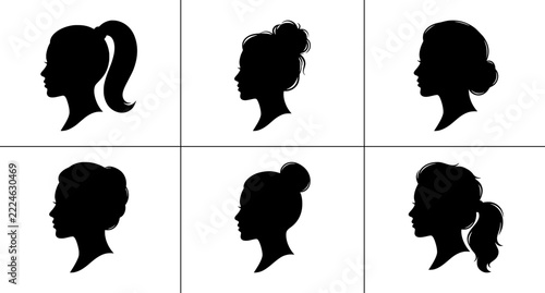 Woman hairstyles silhouettes set with buns and ponytails, beauty and fashion