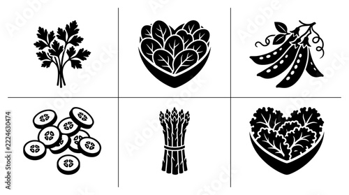 Vegetable icons set with parsley, spinach, peas, cucumber and asparagus for healthy eating logo