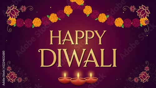 Happy Diwali typography banner with glowing oil lamps and marigold flower garlands decoration