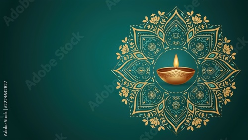 Luxurious Diwali festival background with intricate mandala design and glowing oil lamp