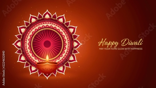 Luminous Happy Diwali celebration design with intricate red mandala and glowing oil lamp