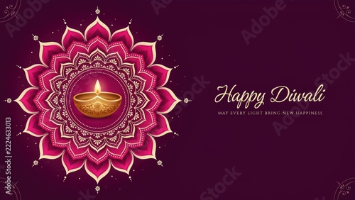 Premium Happy Diwali celebration banner with magenta mandala and golden lit diya lamp