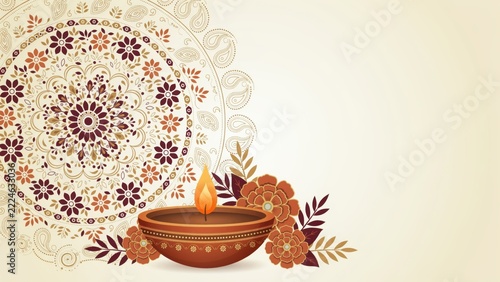 Premium Diwali festival background design with traditional earthen lamp and mandala art vector illustration