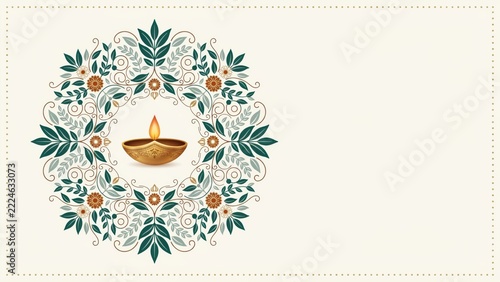 Sophisticated Happy Diwali greeting design featuring botanical mandala and lit diya lamp