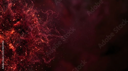 Abstract red fiery particle explosion and smoke scattering into dark background for design concepts