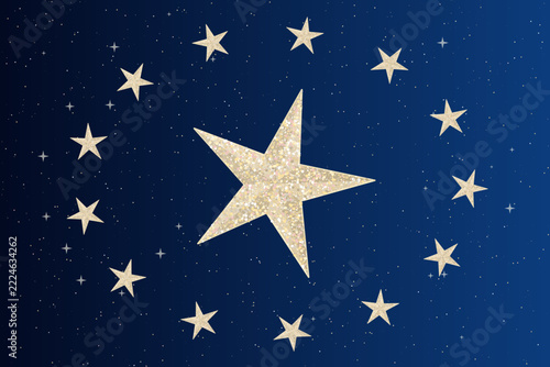 Golden stars arranged in circle formation on blue gradient background for festive holiday theme designs.