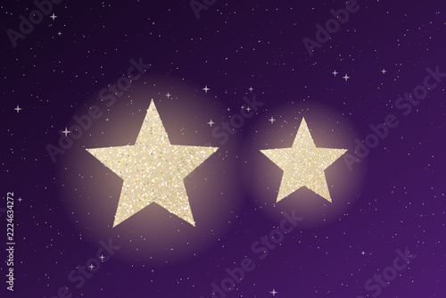 Glowing golden stars with sparkling dust effects on dark purple night sky cosmic banner background.
