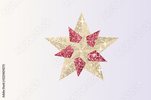 Layered golden and red glittery star graphic featuring central multifaceted gemstone texture.