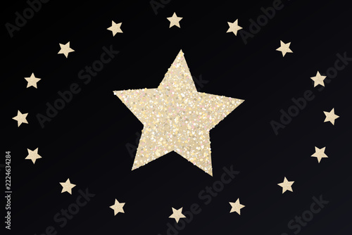 Golden glitter star central design with surrounded smaller sparkling shapes on black background.