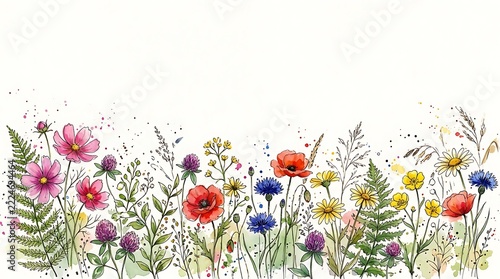 Watercolor wildflower meadow with vibrant blooms and delicate foliage on white background