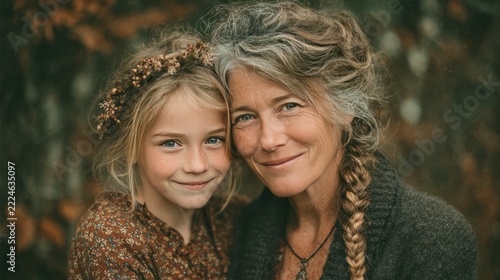 Close-up of a smiling older woman and young girl, posing outdoors with autumn foliage