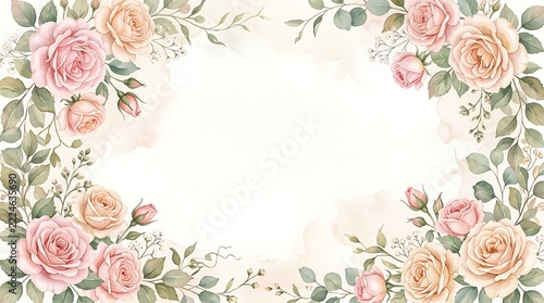 Watercolor floral frame with pink and peach roses and delicate green leaves