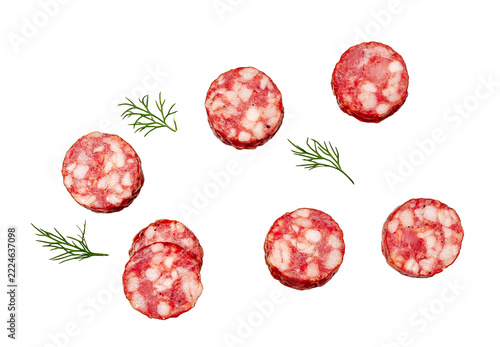 Salami sausage slices isolated on a white background,contour