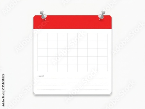 Blank monthly calendar page with red header and silver pins for organization