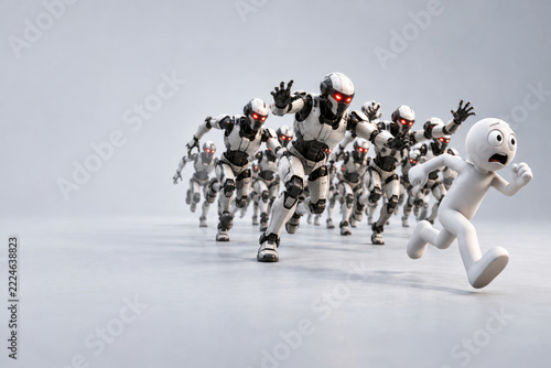 Frightened white figure fleeing a crowd of pursuing robots. Space for text.